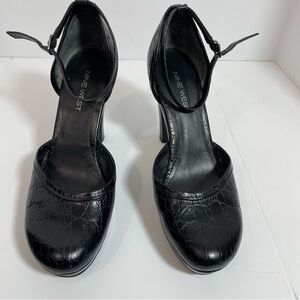 Nine West Black Leather Mary Jane Croc Embossed Platform Pump Size 7.5 Chunky.